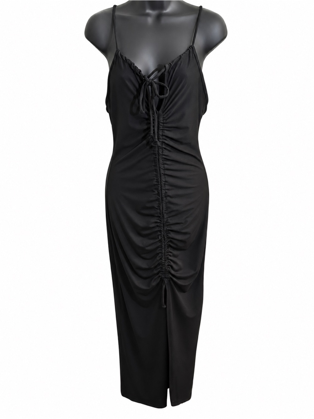 Ruched Tie-Front Black Slip Dress with Adjustable Straps